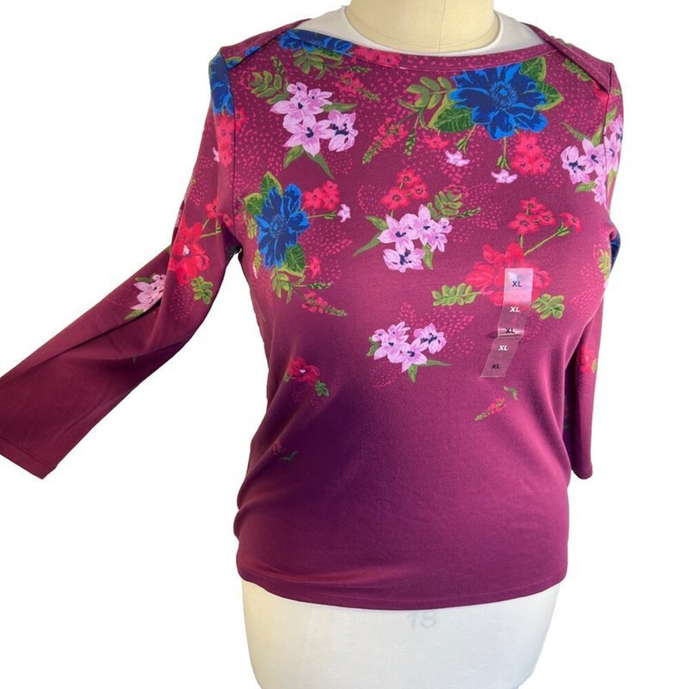 Style & Co Long Sleeve Tee Shirt Women's XL Floral on Purple Boat Neck 3/4 Sleev - Picture 8 of 13